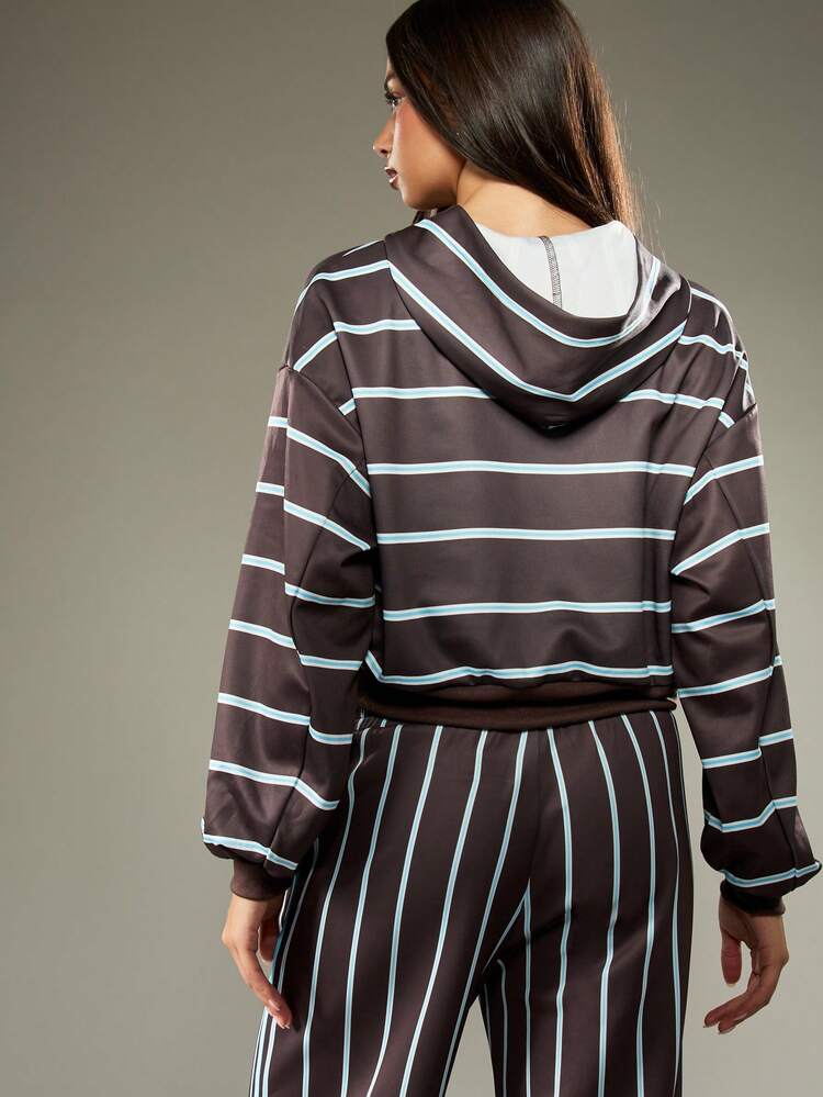 MISSGUIDED MG Logo Retro Striped Full Zip Cropped Hoodie Sweatshirt Casual Fall Winter Streetwear Hooded Jacket With Drawstring