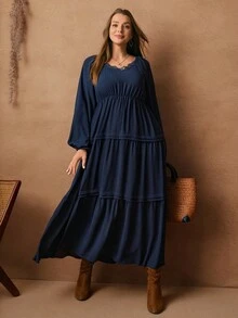 Rosumi Gaun Lengan Panjang Berenda dengan Hiasan Rumbai Warna Polos Ukuran Besar, Pakaian Musim Dingin untuk Wanita, Pakaian Musim Gugur untuk Wanita, Gaun Panjang Kasual - Navy Blue - View 8