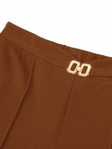 SHEIN Clasi 女士纯色腰部金属装饰牙签设计阔腿宽松休闲裤，适合工作 - 棕色 - 查看 4