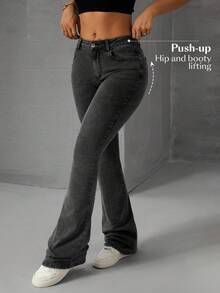 SHEIN Tall Damer Casual Mid-Wist Pocket Denim Skinny Flared Jeans - Grå - Visa 6