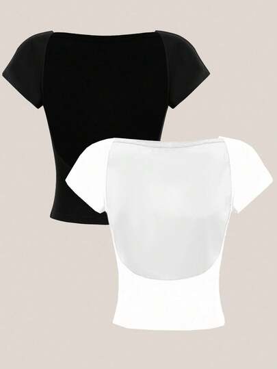 SHEIN PETITE Conjunto de 2 piezas de camiseta corta de manga corta, cuello redondo y espalda descubierta, ajustada, para mujer de talla pequeña, apta para el verano