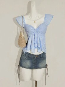 SHEIN ICON 女士褶皱前片修身性感镂空提花浪漫法式荷叶袖露背休闲度假短款吊带背心 - 藍色 - 查看 3