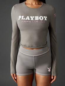 Missguided x Playboy Cotton Racing Club Long Sleeve Crop Top With Star Embellishments Vintage Style Streetwear - Dark Grey - View 5