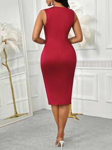 SHEIN Lady 女士水钻装饰纯色修身中长连衣裙 - 紅色 - 查看 2