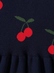 SHEIN Explorewe 女童柔红樱桃提花长袖毛衣裙，可爱时尚，适合秋冬假期 - 藏蓝色 - 查看 9