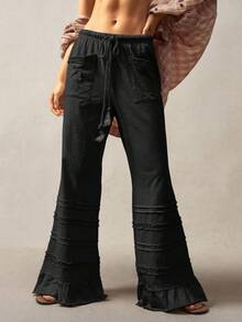 Bohemela Bohemian Style Solid Color High Waist Flare Leg Knit Pants, Spring/Summer,Fall - Black - View 7