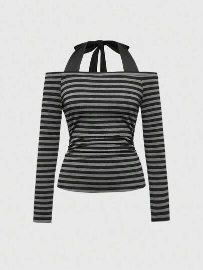 Grunge Punk Punk Sexy Y2K Striped Off Shoulder Splice Halter Fitted Long Sleeve T-Shirt For Women