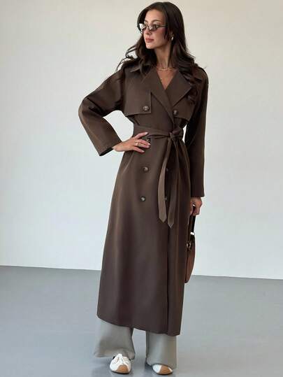 Aloruh Women's Solid Color Lapel NeckLong Sleeve Double-Breasted Casual Trench Coat, Autumn,Fall