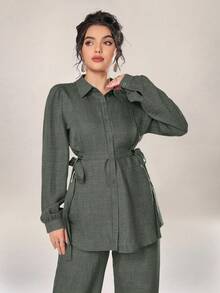 Graceveil Women 2pcs Set Front Button Long Sleeve Casual Blouse And Trousers 2 Pieces Set Modest - Green - View 5