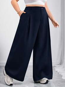 SHEIN CURVE+ Quần áo Curve Plus Size/Mùa thu/Mùa thu cho nữ/Mùa đông cho nữ/Mùa đôngQuần ống rộng đơn sắc cài nút thường ngày cho nữ cỡ lớn, Quần áo mùa thu cho nữQuần áo mùa thu cho nữ,Mùa đông,CURVE PLUS - Màu xanh hải quân - Xem 6