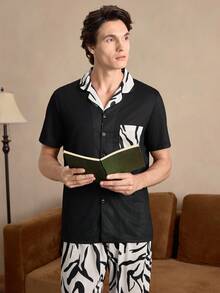 EverLounge Conjunto de pijama de pantalón y camisa de manga corta con cuello para hombre - Blanco y Negro - Ver 4