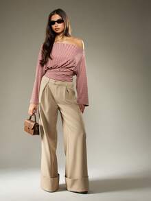 MISSGUIDED Áo trễ vai kẻ sọc tay dài ôm eo dệt kim mềm mại thời trang thu đông cổ rộng mặc buổi tối thường ngày - Nhiều màu - Xem 3
