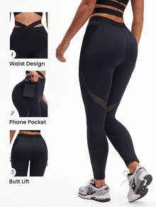 SHEIN Rhythm Era Leggings esportivas femininas premium pretas com patchwork de malha - Preto - Ver 2