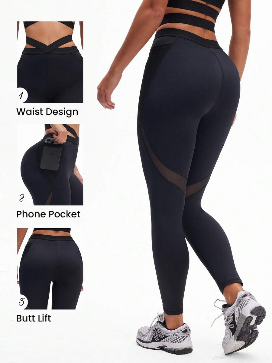 SHEIN Rhythm Era Leggings esportivas femininas premium pretas com patchwork de malha
