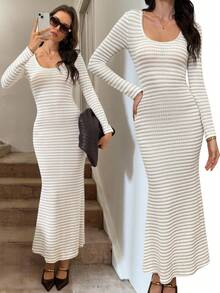 Easowa Blue And White Stripe,Autumn,Elegant,Dates Long Sleeve Maxi Dress,Apricot Waffle Fabric Knit Bodycon Fish Tail Skirt For Women Christmas Clothes - Apricot - View 3