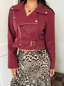 SHEIN Unity Red Autumn/Winter European & American Retro Elegant High-End Zipper Decor Collar Waist Tie Design Women Leather Jacket - Red - View 5