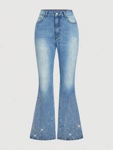 Sweetra Quần denim ống loe thanh lịch thường ngày dành cho nữ - Màu xanh lam - Xem 1