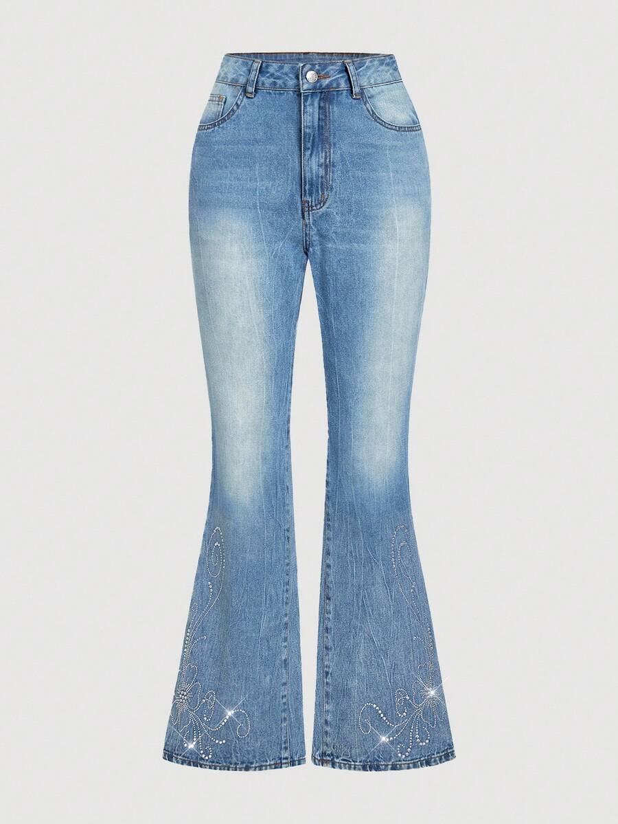 Sweetra Quần denim ống loe thanh lịch thường ngày dành cho nữ - Màu xanh lam - Xem 1