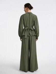 Aalyst 女士法式优雅简约时尚休闲度假通勤舒适纯色亚麻 V 领系带长袖衬衫和松紧腰裤套装，春秋冬 - 軍綠色 - 查看 5