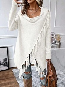 EMERY ROSE Fringe Trim Draped Collar Wrap Cardigan Asymmetrical Sweater Women Dresses Sweaterelegant Sweaterlong Sweaterlong Sleeve Sweater Fall Winter Cloth For Women Fringe Clothing Women Women Long Sleeve Tops Women Sweaters White Fringe Top Tassel Top - White - View 6