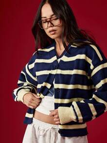 MISSGUIDED Vintage Inspired Striped Button Up Cardigan Preppy College Style V Neck Ribbed Knit Sweater Fall Winter Cozy Layer Casual Everyday Wear - Multicolor - View 4