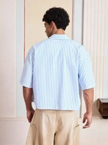 SWAVVY Áo sơ mi nam tay ngắn dệt họa tiết sọc dọc thoải mái, phù hợp cho mùa hè - Màu xanh lam - Xem 2