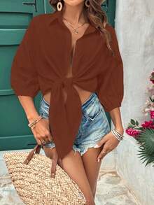 EMERY ROSE Tie-Front Textured Woven Shirt, Spring/Summer - Coffee Brown - View 5