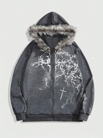 Goth Men's Autumn Cross Print Zip-Up Patchwork Faux Fur Hooded Casual Sweatshirt