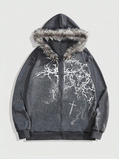 Goth Felpa casual con cappuccio da uomo in autunno, con stampa a croce, chiusura lampo, patchwork e finta pelliccia
