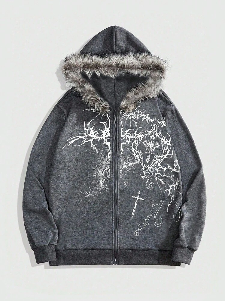 ROMWE MEN Goth Felpa casual con cappuccio da uomo in autunno, con stampa a croce, chiusura lampo, patchwork e finta pelliccia