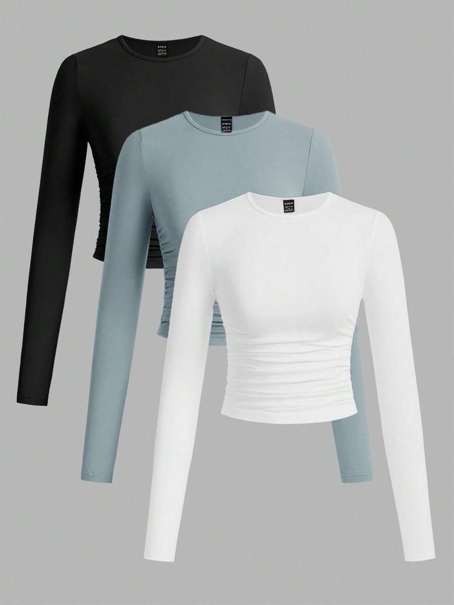 SHEIN EZwear 休閒極簡針織純色三件組圓領抓皺長袖女款T恤 秋冬 - 彩色 - 查看 1