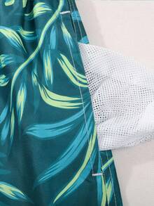 Manfinity Swimmode Men's Casual Plant Print Beach Shorts, Summer,Outdoor Sports Trunks Swim Wear, Hawaiian Men Beachwear Men's Matching Swim Trunks