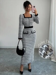 Elenzga Women's Elegant Autumn Long Sleeve Jacquard Black & White Decorative Pocket Plaid Textured Bodycon Maxi Dress, Versatile For Commute And Date