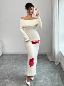 Selianne Autumn/Winter New Off Shoulder Ruffle Heart Intersect Knitted Slim Fit Long Sweater Dress For Women - Apricot - View 3