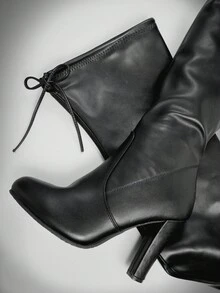 SHUZIA 节日礼物精选畅销款女士黑色弹力PU过膝长靴——时尚修身，系带设计，显腿长又性感 - 黑色 - 查看 3