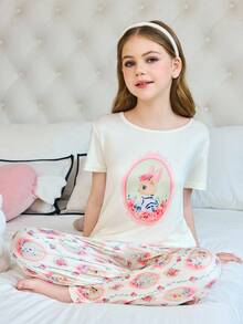 SHEIN Romantic Countryside Bunny Print Knit Short Sleeve & Pants Girls Pajama Set - Multicolor - View 1