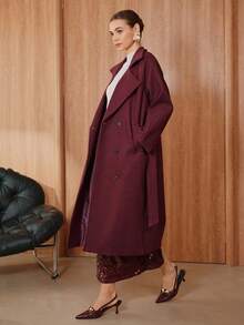 Glisette Manteau long minimaliste élégant à coupe droite de couleur unie à manches longues pour femmes, automne/hiver - Rouge foncé - Voir 1