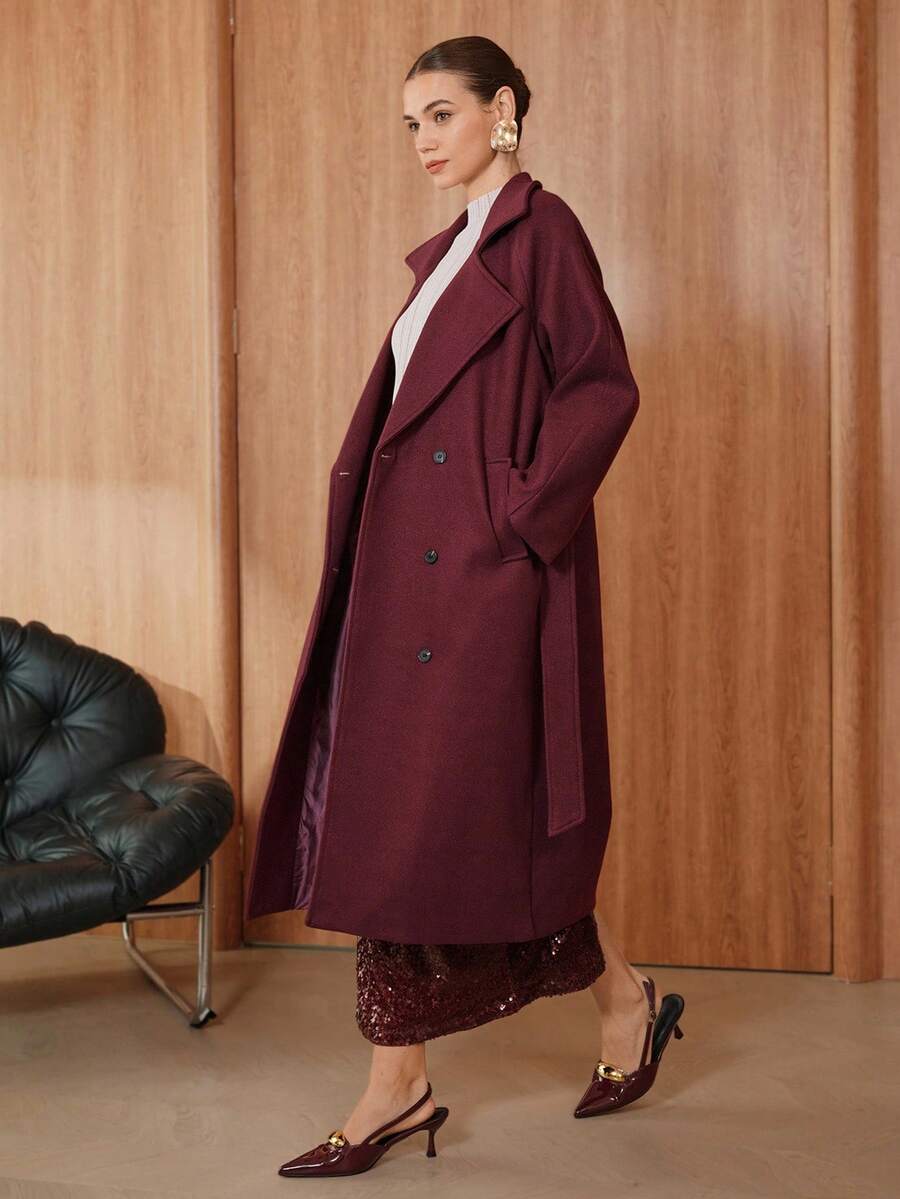Glisette Manteau long minimaliste élégant à coupe droite de couleur unie à manches longues pour femmes, automne/hiver - Rouge foncé - Voir 1
