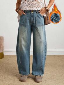 EMERY ROSE Quần jeans denim ống rộng dáng rộng thời trang thường ngày dành cho nữ, có túi xéo, dáng rộng và lót giữ nhiệt, quần jeans ống rộng dáng rộng thời trang dạo phố mùa thu/đông dành cho nữ, quần jeans ống rộng rộng rãi, giữ nhiệt - Màu xanh lam - Xem 2