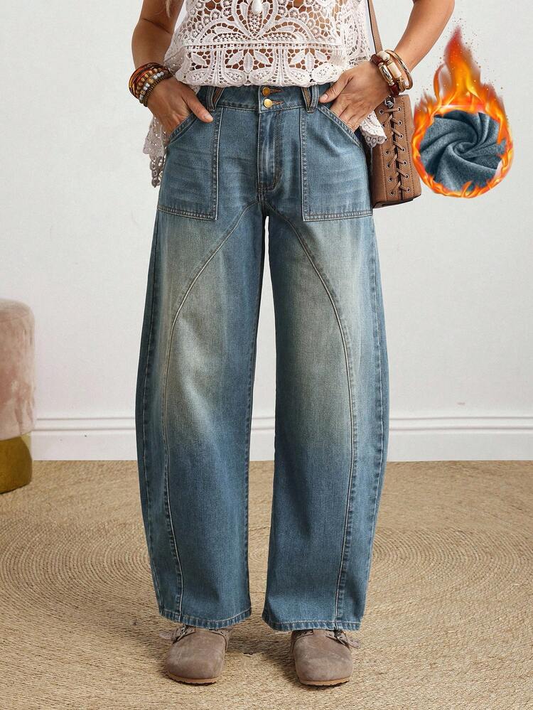 EMERY ROSE Women's Casual Daily Fashion Street Banana Denim Jeans With Slant Pockets, Loose Fit & Thermal Lined, Autumn/Winter Casual Street Patchwork Pocket Loose Wide Leg Jeans Women Jeans Baggy Loose Jeans Thermal Denim - Blue - View 2