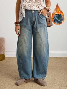 EMERY ROSE Quần jeans denim ống rộng dáng rộng thời trang thường ngày dành cho nữ, có túi xéo, dáng rộng và lót giữ nhiệt, quần jeans ống rộng dáng rộng thời trang dạo phố mùa thu/đông dành cho nữ, quần jeans ống rộng rộng rãi, giữ nhiệt - Màu xanh lam - Xem 6