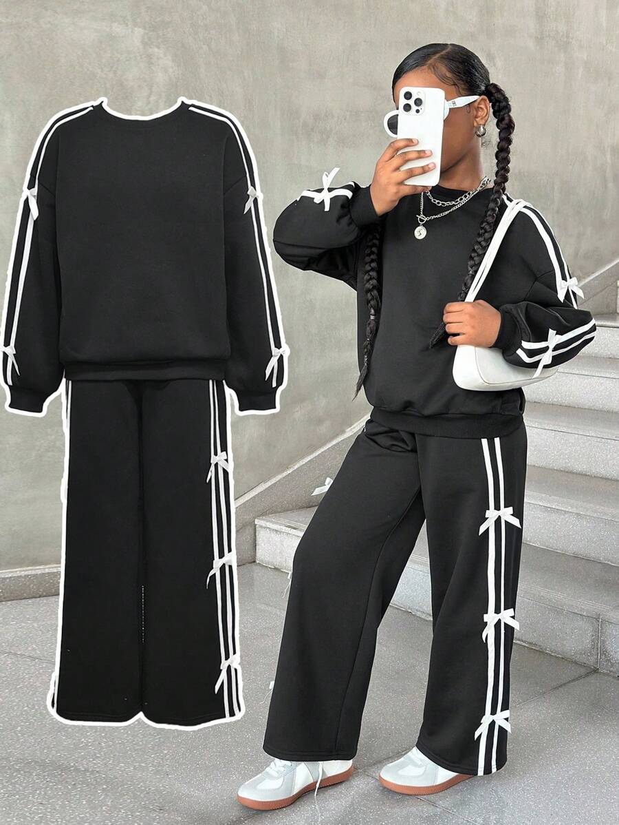 SHEIN 2 件套青少年女孩撞色蝴蝶结运动衫和紧身裤套装，休闲日常百搭时尚 - 黑色 - 查看 1