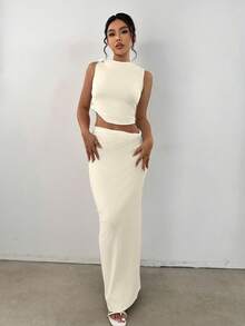 SHEIN Unity Women's Solid Color Twist Shoulder Design Fitted Tank Top And Skirt 2 Pieces Set - Beige - View 4