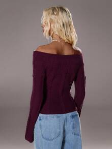 TRNVIE Slim Fit Off Shoulder Sweater, Solid Color Long Sleeve Women Cardigans - Purple - View 2