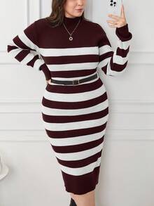 SHEIN Cottnline PLUS SIZE Burgundy STRIPE CASUAL Decent Elegant SWEATER DRESS Office Formal Formal Autumn - Brown - View 3