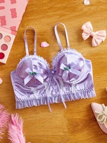 FairyFlirt Underwire, Uplift, Satin, Ruffle Trim, Ruffle Hem, Bow, Rose Flower, Slimming, Cute, Sweet Women's Bra Lingerie - Purple - View 8