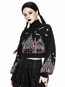 ROMWE Gothic Halloween Castle & Cross Pattern Women's Turtleneck Contrast Color Pullover Sweater - Black - View 6