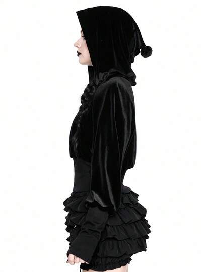 Goth Sweat-shirt-shirt court en velours style chapeau de sorcière gothique pour femmes