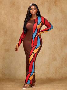 Brilight 1女士修身几何图案印花长袖连衣裙 - 彩色 - 查看 5