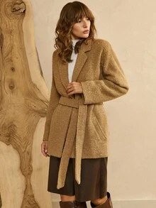 SHEIN LUNE Women's Sequined H-Shaped Lapel Waist Tie Design Single-Breasted Metal Decoration Overcoat Daily Commuting Fall Business Casual Western Wear - Brown - View 4